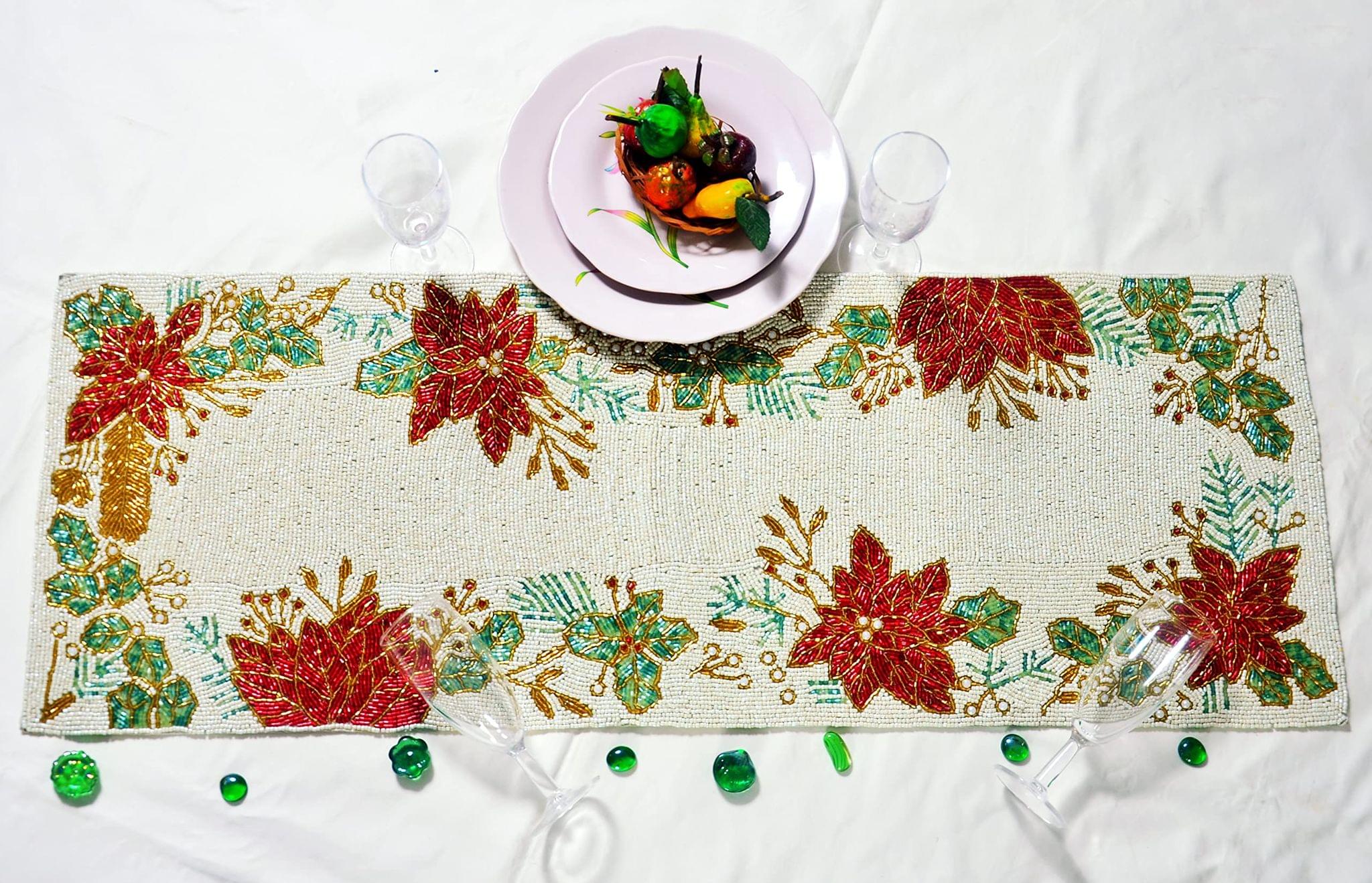 HM Creations Beaded Runner Table, Floral Table Runner, Designer Table Topper 13x36 Inch