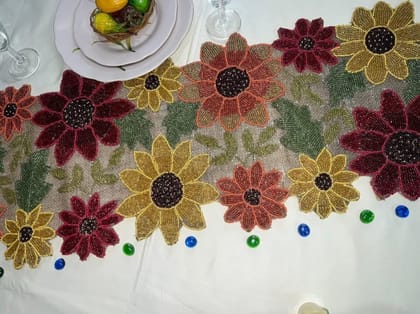 HM Creations Floral Table Runner, Multicolor Bead Table Runner, Handmade Burlap Table Runner, Spring Table Topper 13X35 Inches