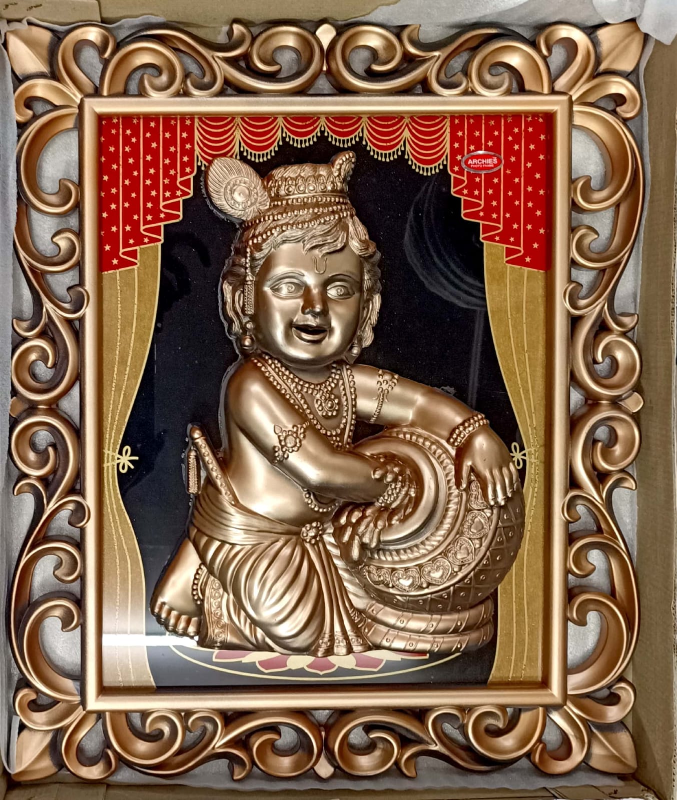 Lord Child Bal Krishna Enjoying Butter Poster Painting in Wood Craft Frame Art Craft & Handicrafts