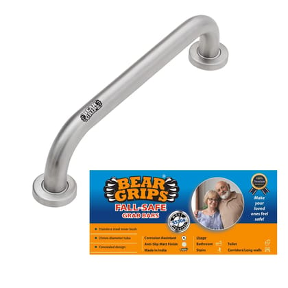 BEAR GRIPS Fall-Safe 304 Stainless Steel 25mm Anti-Slip Grab bar for Toilet and Bathroom hand railing and Safety Handle for Elderly Senior Citizens � 30 cm/ 12-Inch - Pack of 2
