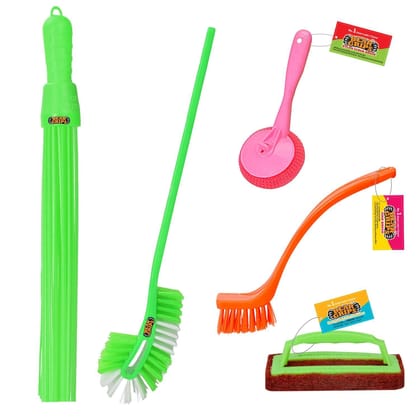 BEAR GRIPS Complete 5 Items Bathroom Cleaning Set with Toilet Brush, Tile Scrubber Brush, Basin Brush, Plastic kharata Broom and Nylon Sink Brush Combo