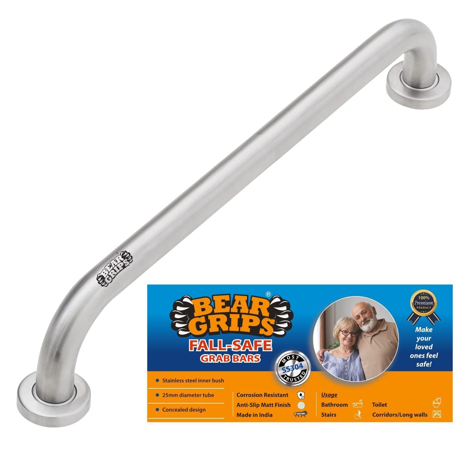 BEAR GRIPS Fall-Safe 304 Stainless Steel 25mm Anti-Slip Grab bar for Toilet and Bathroom handrailing and Safety Handle for Elderly Senior Citizens � 50 cm/ 20-Inch - Pack of 2