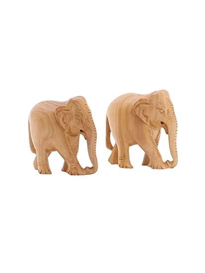 Girish HANDICRAFTS Elephant Pair | Set of 2 Hand Carved Chandan Small Elephant Showpiece| Wooden Animal Figure for Living Room or Shelf Decoration (Wooden Brown)