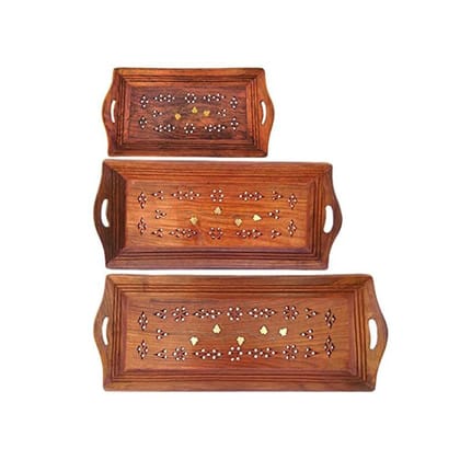 Hand Carved Wooden Serving Tray Set of 3.