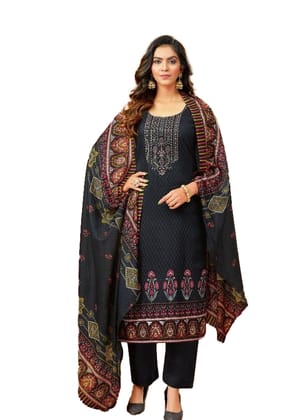 Pakistani Design Pure Jam Cotton Unstitched Salwar Suit Dress Material with Thread Embroidery and Swarovski Work (BLACK)