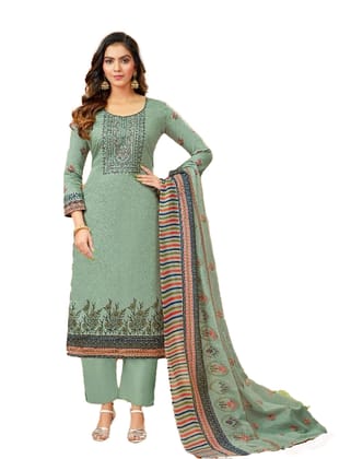 Pakistani Design Pure Jam Cotton Unstitched Salwar Suit Dress Material with Thread Embroidery and Swarovski Work (MINT GREEN)