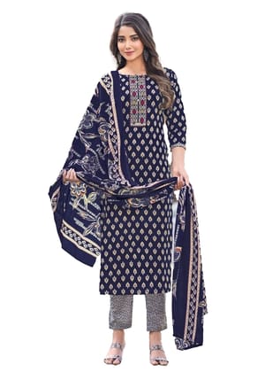 Pure Camrick Cotton Unstitched Salwar Suit Dress Material With Thread Embroidery On Tie(Navy Blue)