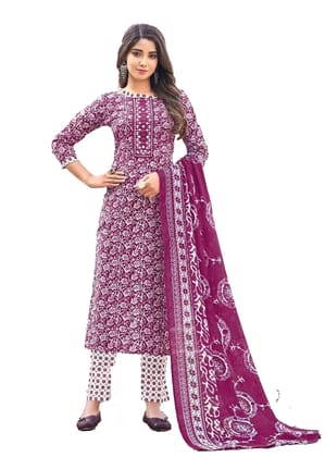 Pure Camrick Cotton Unstitched Salwar Suit Dress Material With Thread Embroidery On Tie(Purple)