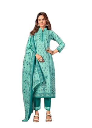 Pakistani Design Women's Pure Cotton Digital Printed Unstitched Salwar Suit Dress Material with Cotton Malmal Dupatta (Turquoise)