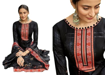Pakistani Design Women's Lawn Cotton Printed Unstitched Salwar Suit Material(Black)