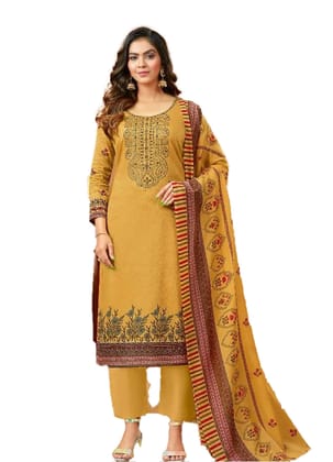 Pakistani Design Pure Jam Cotton Unstitched Salwar Suit Dress Material with Thread Embroidery and Swarovski Work (Mustered)