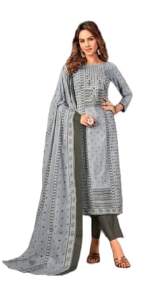 Pakistani Design Women's Pure Cotton Digital Printed Unstitched Salwar Suit Dress Material with Cotton Malmal Dupatta (Grey)