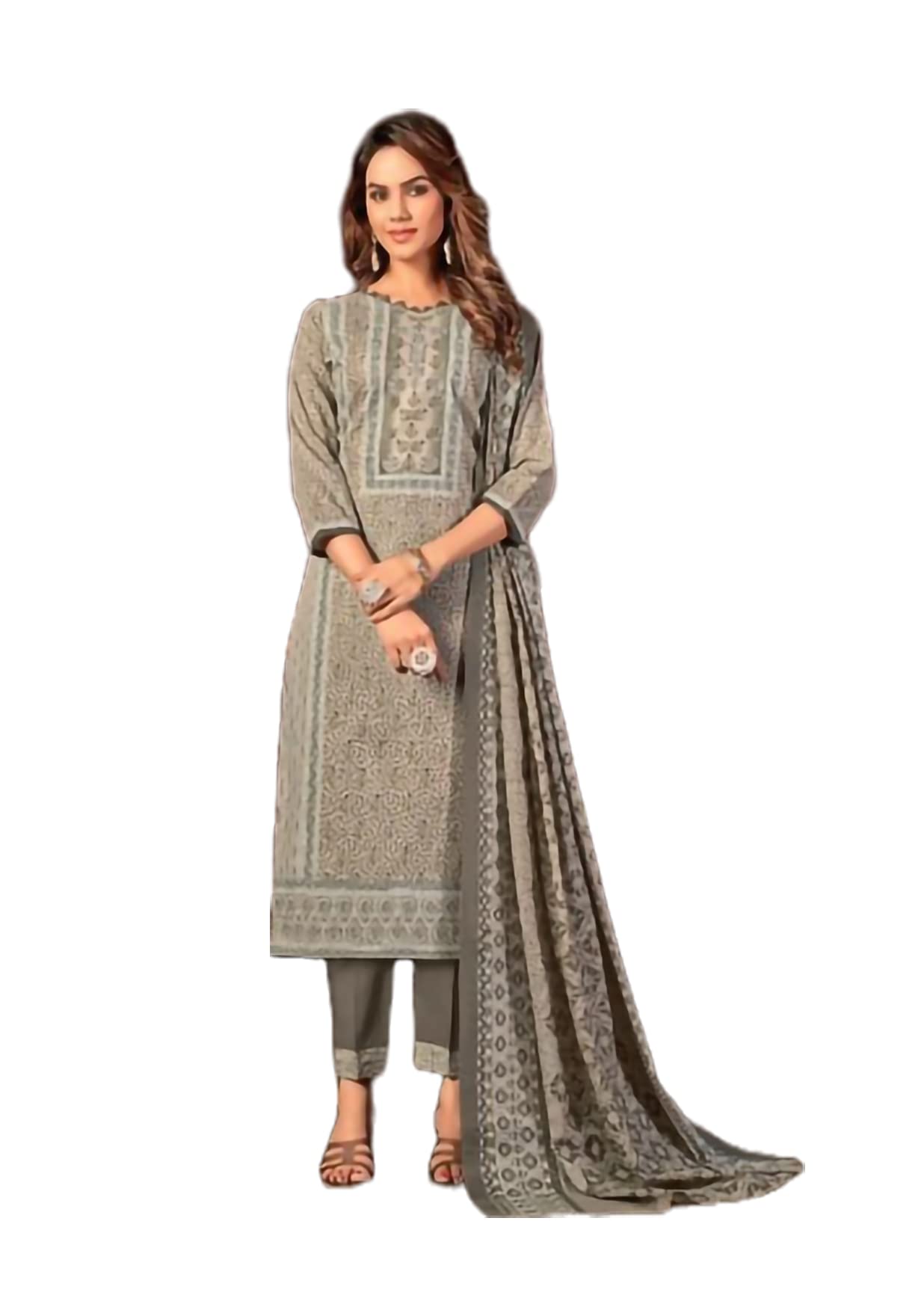 Pakistani Design Women's Pure Cotton Digital Printed Unstitched Salwar Suit Dress Material with Cotton Malmal Dupatta (Dark Grey)