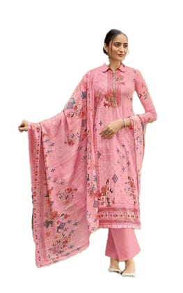 Pakistani Design Women's Lawn Cotton Printed Unstitched Salwar Suit Material(Pink)