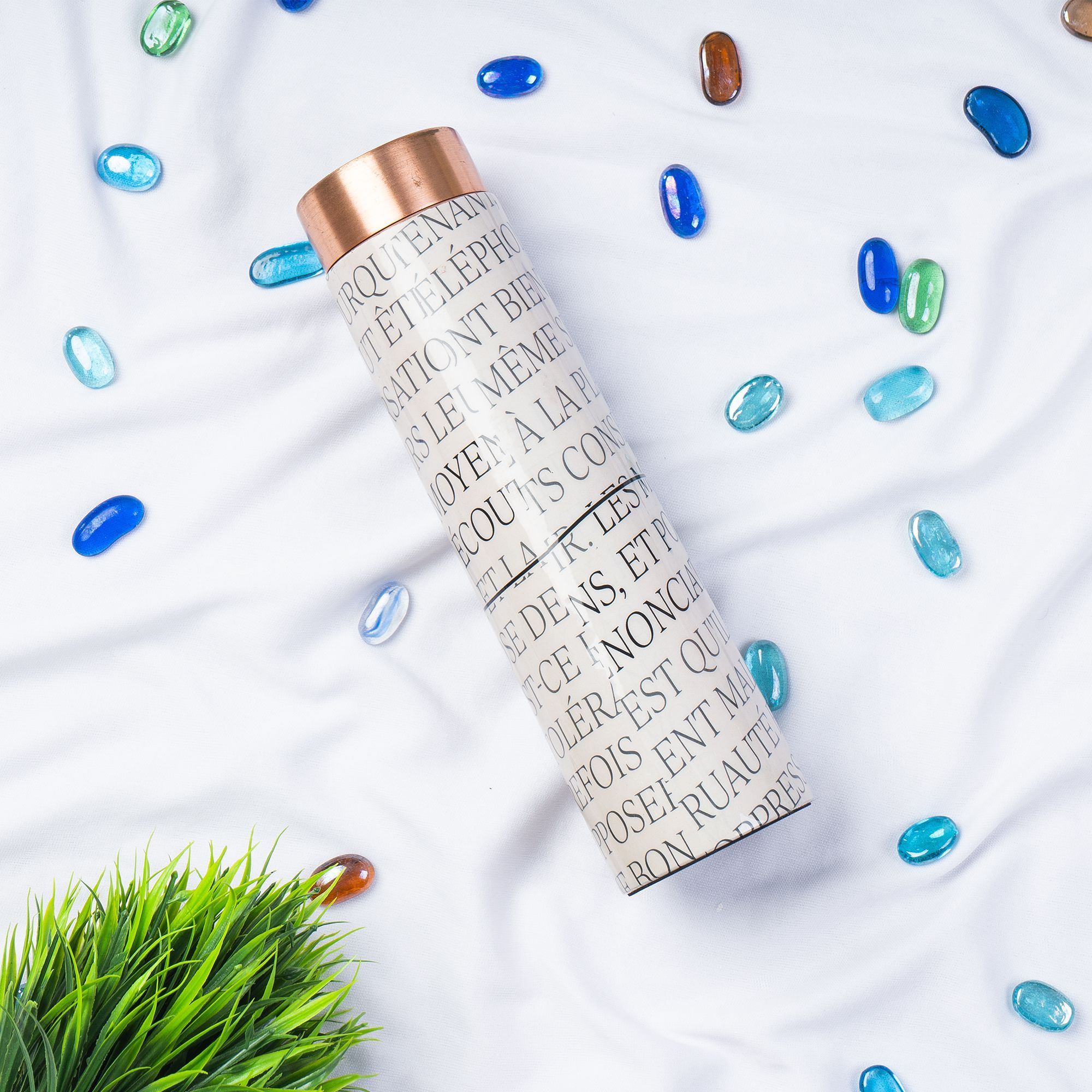 Sowpeace designer copper bottle “Trendy bottle sporting abstract designs” for kitchen and dining, premium designed bottles as serveware, for gifting. (French vocabulary-inspired designer bot