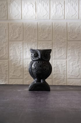 SOWPEACE Handcrafted Natural Black Terracotta Artisanal owl “Vintage owl” Double Baked Clay showpiece, Premium Artisan Made Tabletop Home Decor for Living Room,for Gif