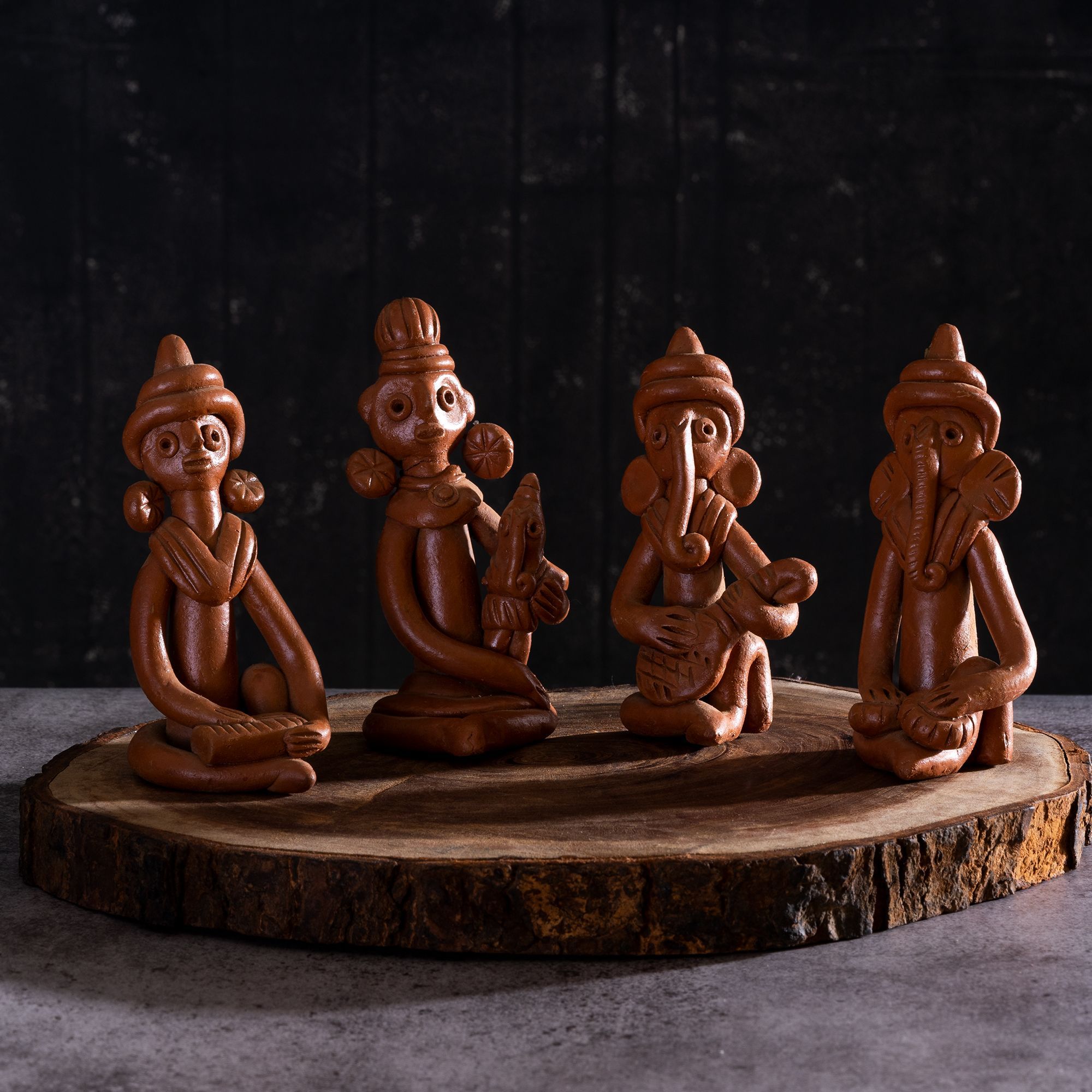 SOWPEACE Handcrafted TTerracotta Tribal Figurine Set of 4 “The time of Tribals Baked Clay showpiece, Premium Artisan Made Tabletop Home Decor for Living Room,for Gifti