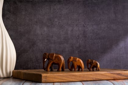 SOWPEACE Handcrafted Wooden Descending Elephant S3 “Rolling The Trump” showpiece, Set of 2 Premium Artisan Made Tabletop Home Decor for Living R