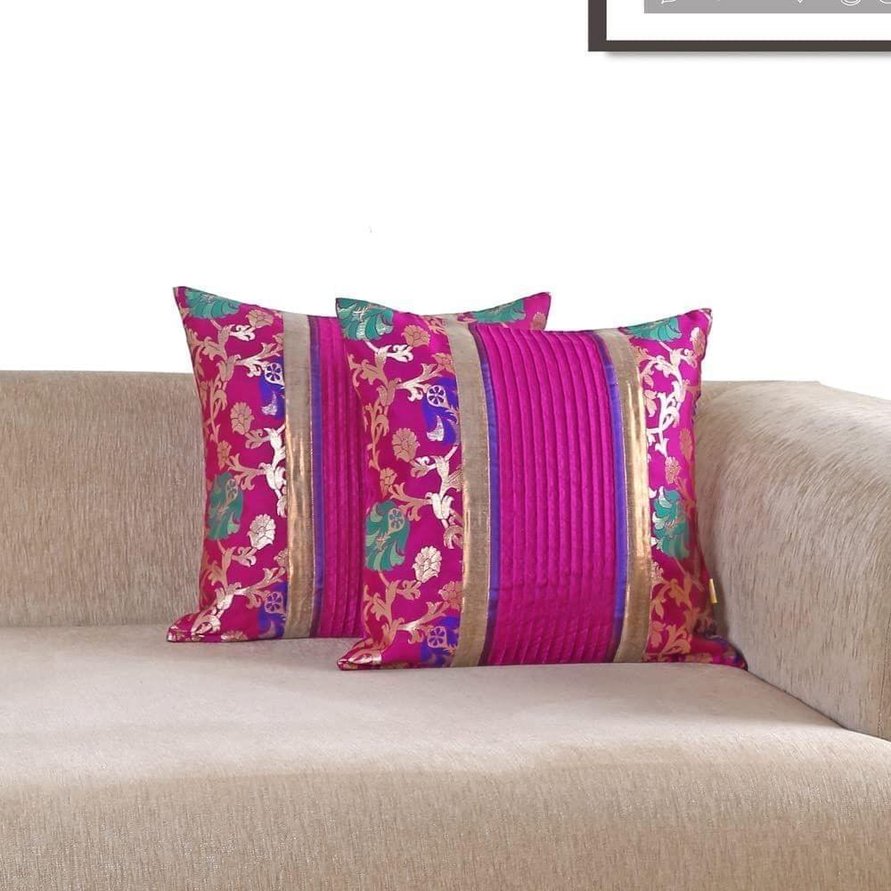 Set of 2pcs Pink & Gold Brocade cushion cover 16"x16"(PCC098P_S2)