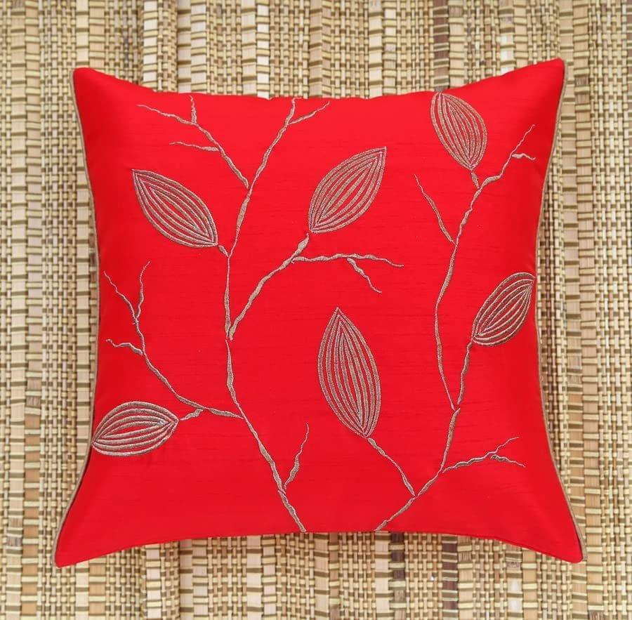 ANS Red Dry Leaves Emb cushion cover with Gold Piping at Sides