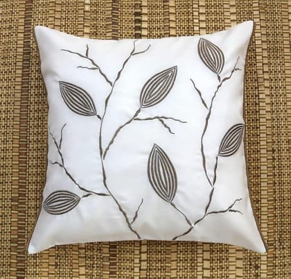 ANS White Dry Leaves Emb cushion cover with Gold Piping at Sides