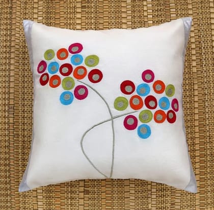 ANS White Multicolour Circles Bunch Emb cushion cover with Golden Panel