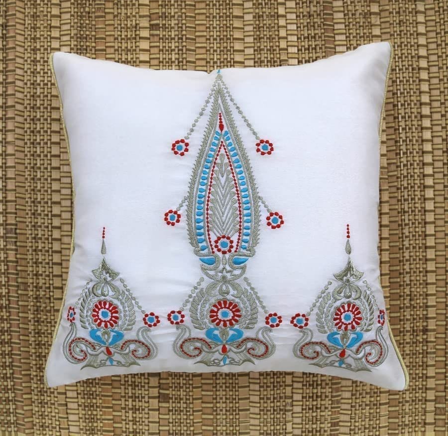 ANS Ornamental White and Gold Emb cushion cover with Colour Highlights