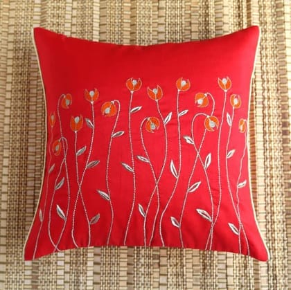 ANS Red Waving Flowers Emb cushion cover with Gold Piping at Sides