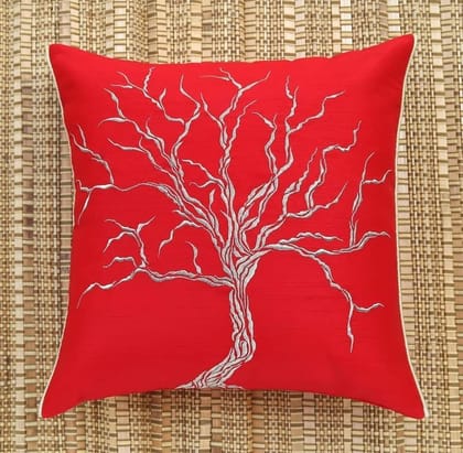 ANS Red Dry Tree Golden Emb cushion cover with Gold Piping at Sides