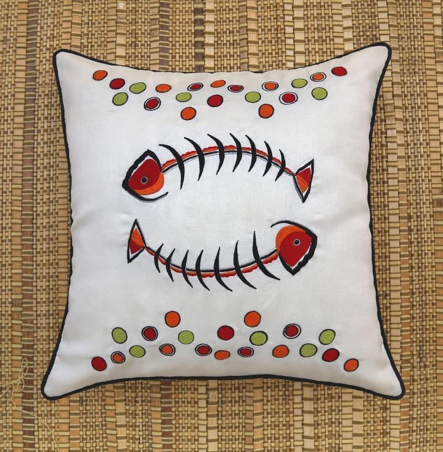 ANS White Fishbone Emb cushion cover with Contrast Piping