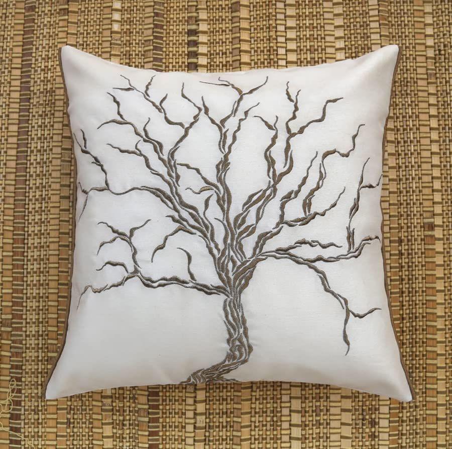 ANS White Dry Tree Golden Emb cushion cover with Gold Piping at Sides