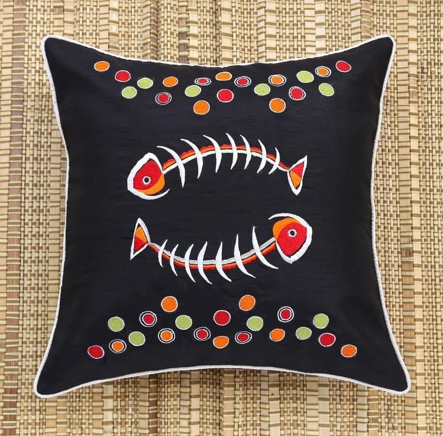 ANS Black Fishbone Emb cushion cover with Contrast Piping