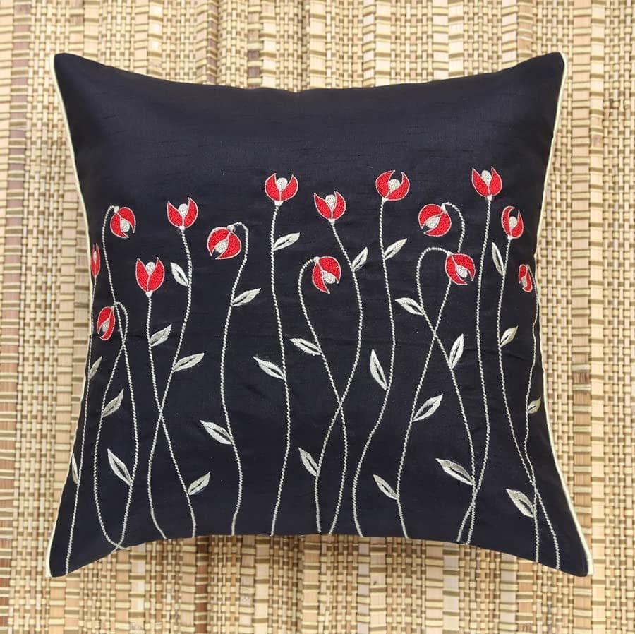 ANS Black Waving Flowers Emb cushion cover with Gold Piping at Sides