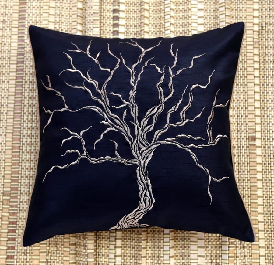 ANS Black Dry Tree Golden Emb cushion cover with Gold Piping at Sides