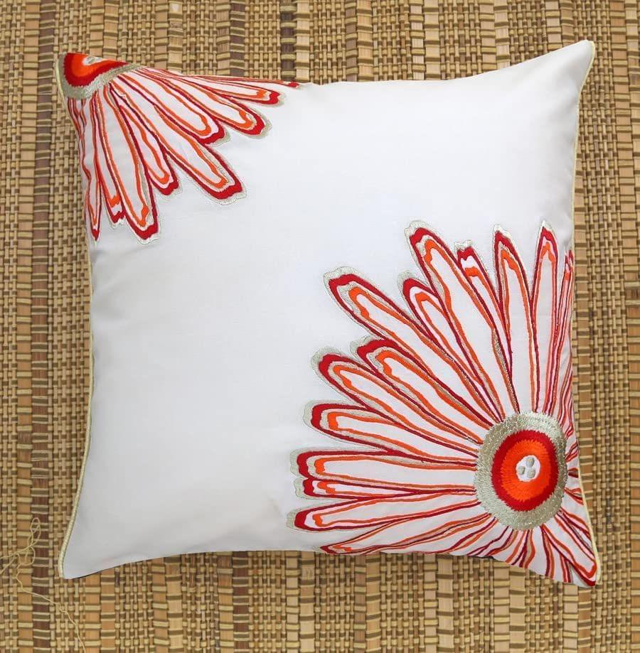 ANS White 2 Flower Asymetrical Emb cushion cover with Contrast Piping