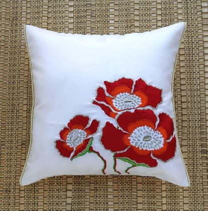 ANS White Big Flowers Emb cushion cover with Gold Piping at Sides