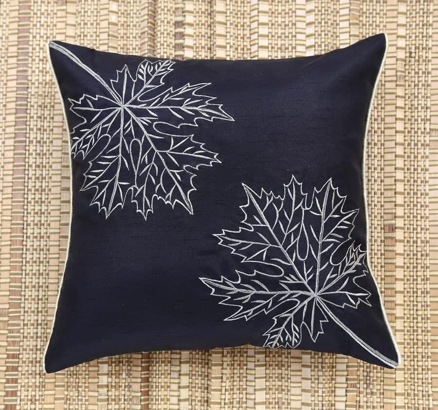 ANS Black Maple Leaf Emb cushion cover with Gold Piping at Sides