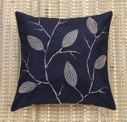 ANS Black Dry Leaves Emb cushion cover with Gold Piping at Sides