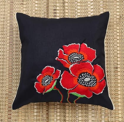 ANS Black Big Flowers Emb cushion cover with Gold Piping at Sides