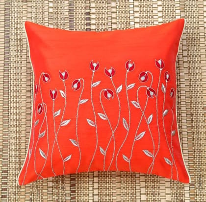 ANS Orange Waving Flowers Emb cushion cover with Gold Piping at Sides