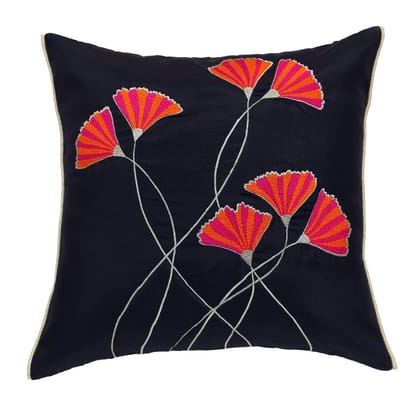 ANS Pink & Orange Floral Emb cushion cover with Gold Piping at Sides