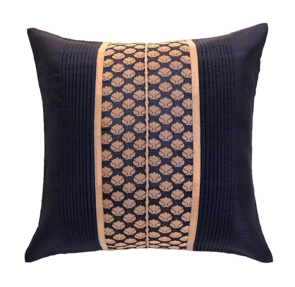 ANS Black Pleated Cushion with Gold and Black Brocade