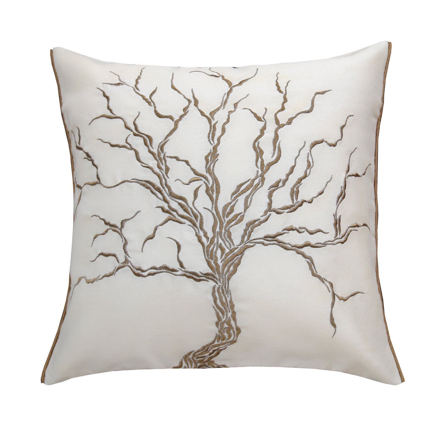 ANS White Dry Tree Golden Emb cushion cover with Gold Piping at Sides