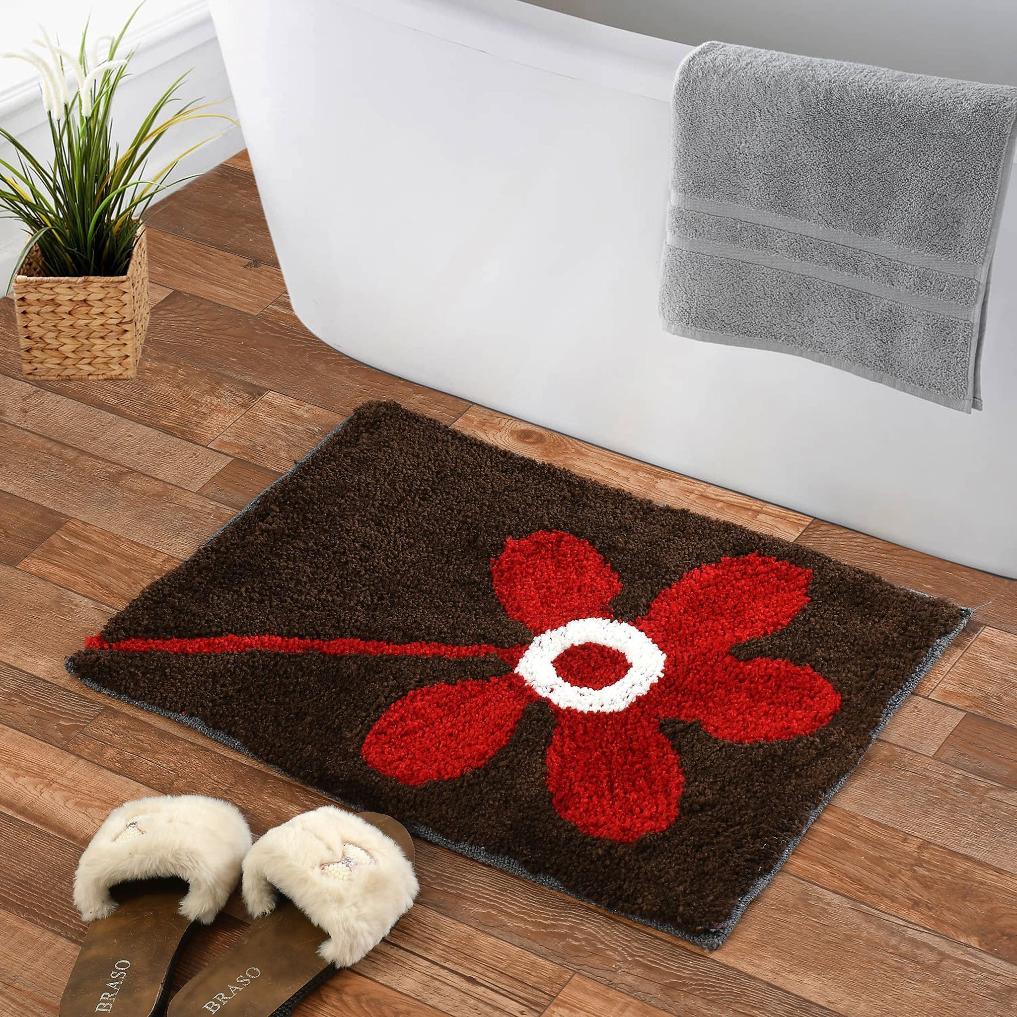 HOMECROWN Cotton Microfiber Anti Slip Bathmat Quick Dry Water Absorbent Mat- 40 x 60 cm, Brown