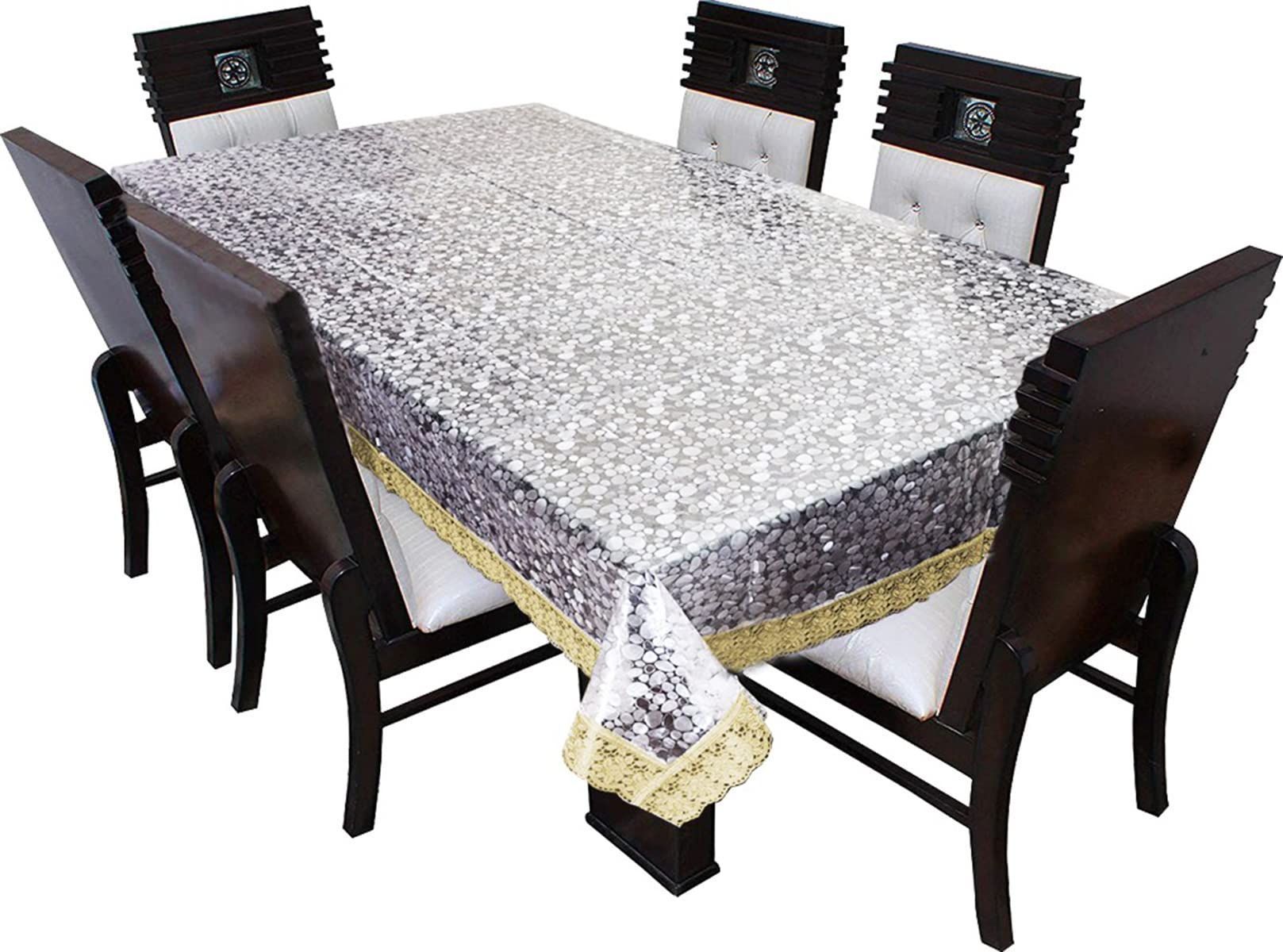 HOMECROWN Waterproof 6 Seater Dining Table Cover 3D Pattern Transparent PVC Plastic Rectangular Table Cover with Embroidered Golden Lace Border (Clear Color, 60X90 Inches, Pack of 1)