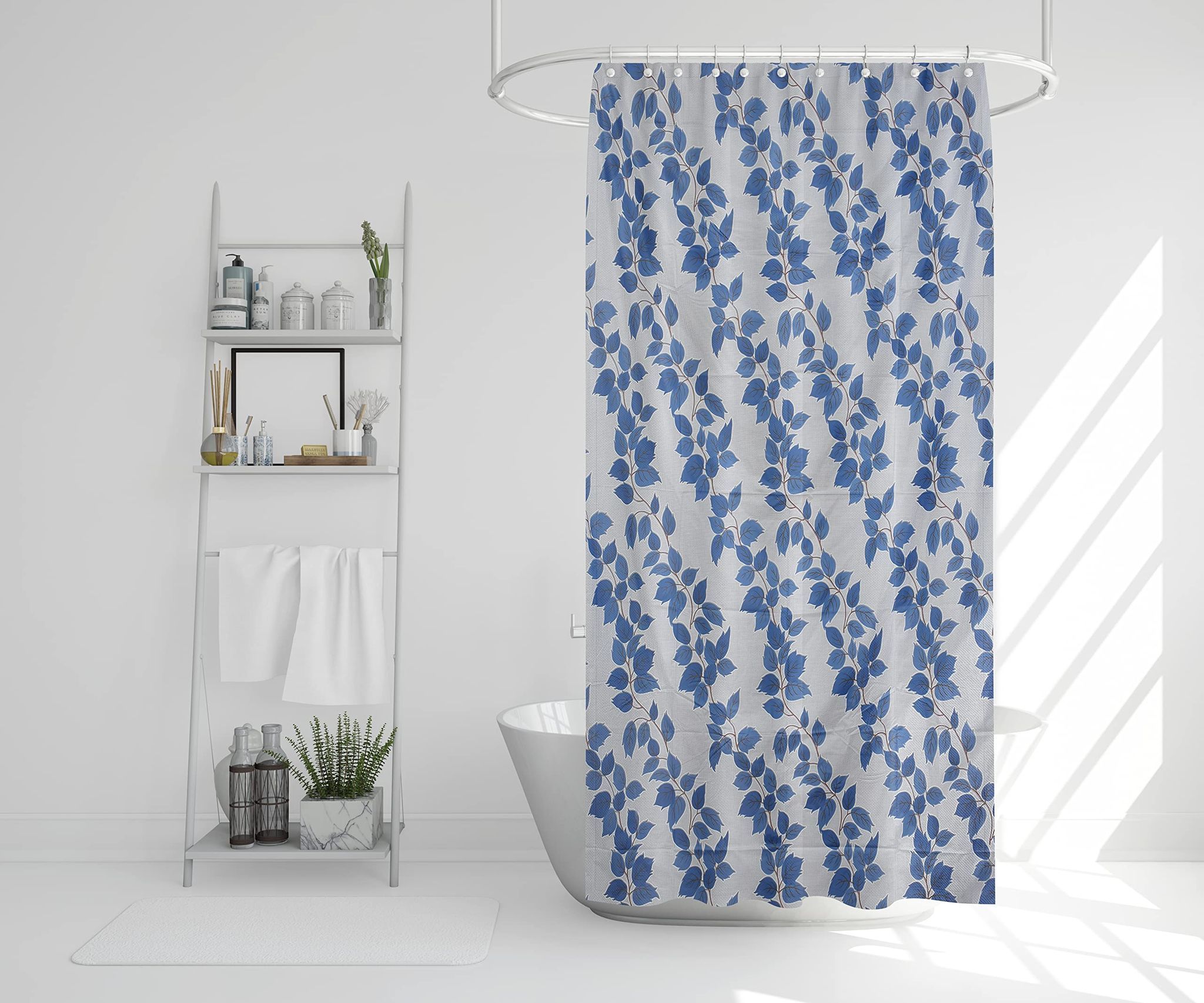 HOMECROWN Floral Design Waterproof Shower Curtain for Bathroom - PVC Plastic Water Repellent Curtain with 8 Hooks 7 X 4 Feet, Blue Color Pack of 1