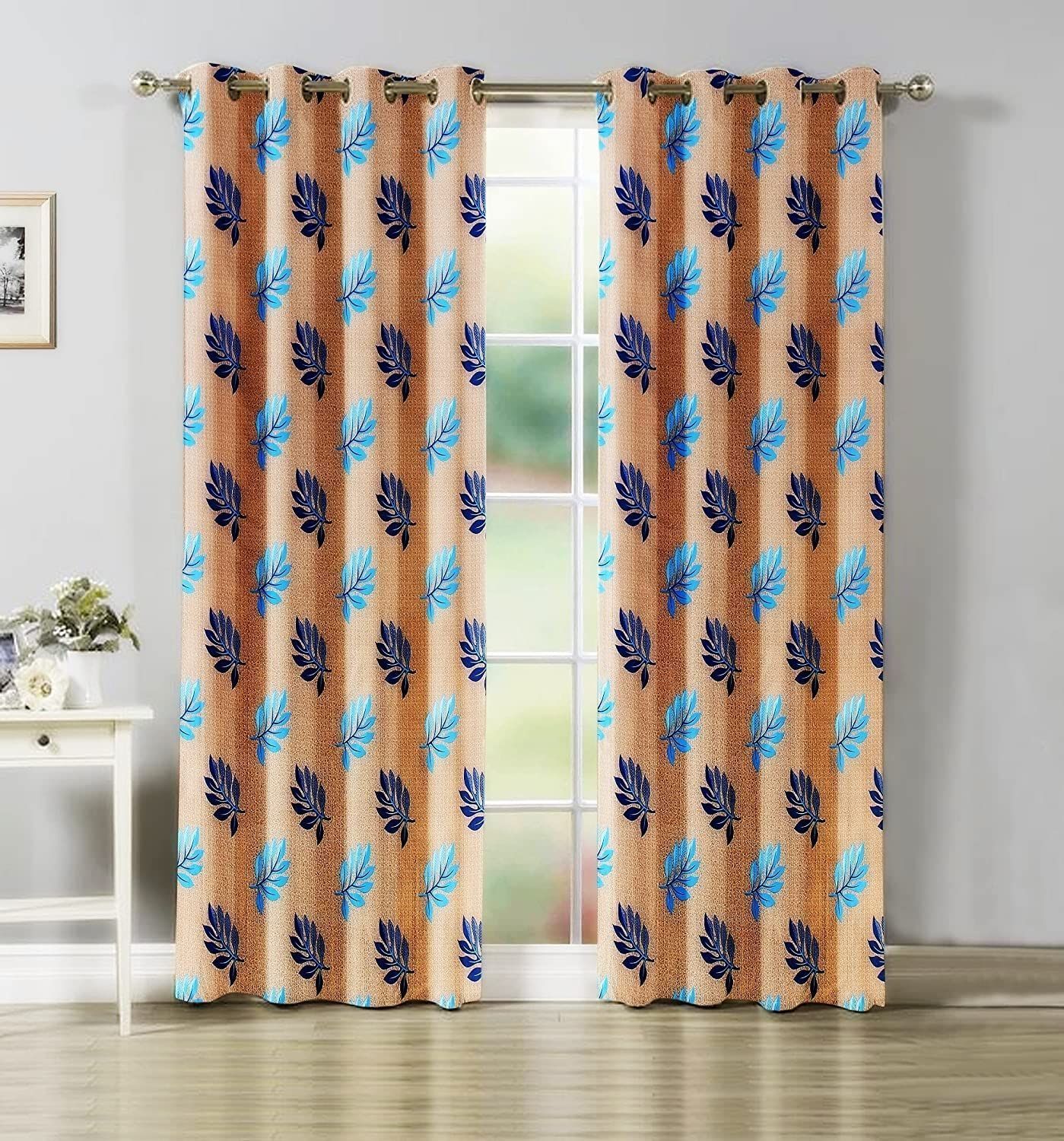 HOMECROWN Premium Polyester Fabric 7 Feet Curtains for Door -Modern Leaf Print parde for Home, Living Room, Bedroom, Offices (7 x 4 Feet, Aqua Blue) - Set of 2 Pc