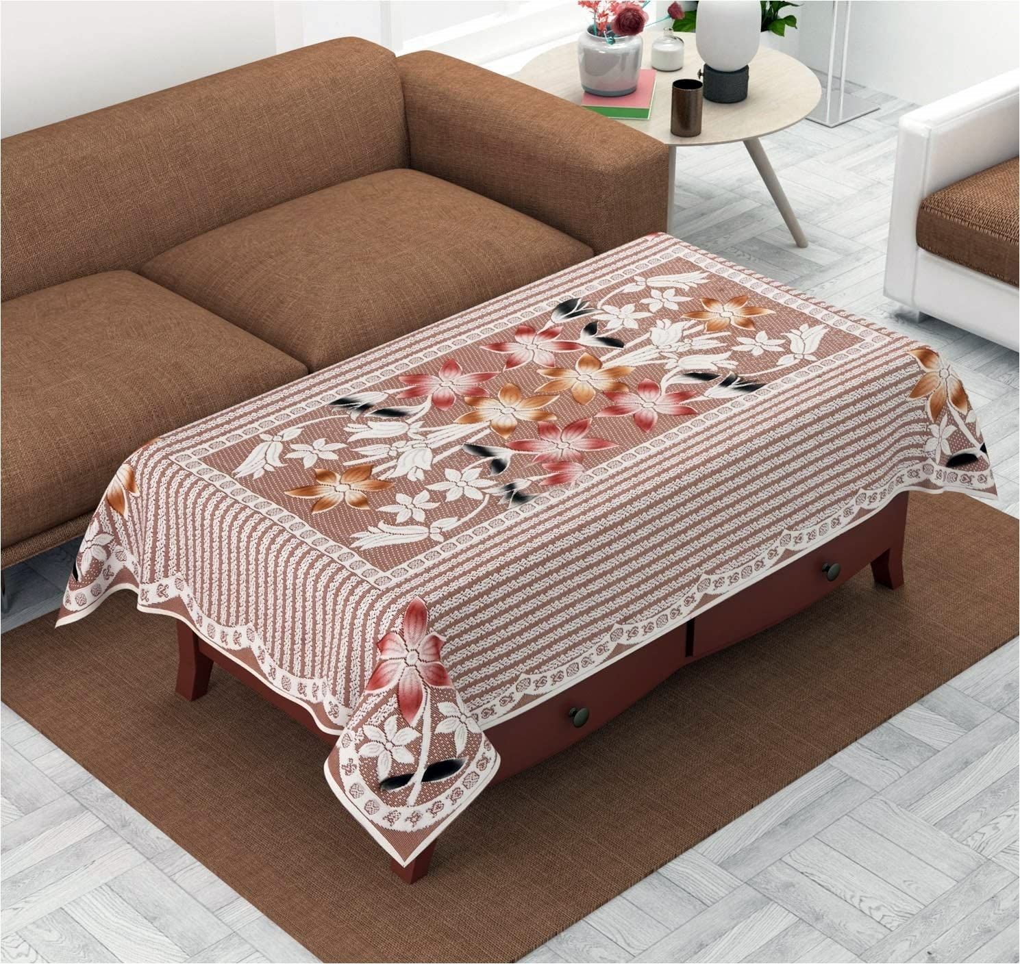 HOMECROWN Floral Print Cotton Blend Table Cover for Centre Table and 4 Seater Dining Table (60x40 Inch, Brown)