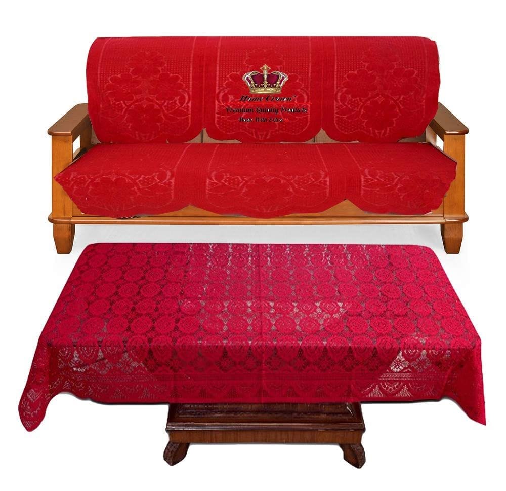 HOMECROWN Cotton Floral Design Embossed Texture 3 Seater Sofa Cover with Center Table Cover - Maroon Color, Standard