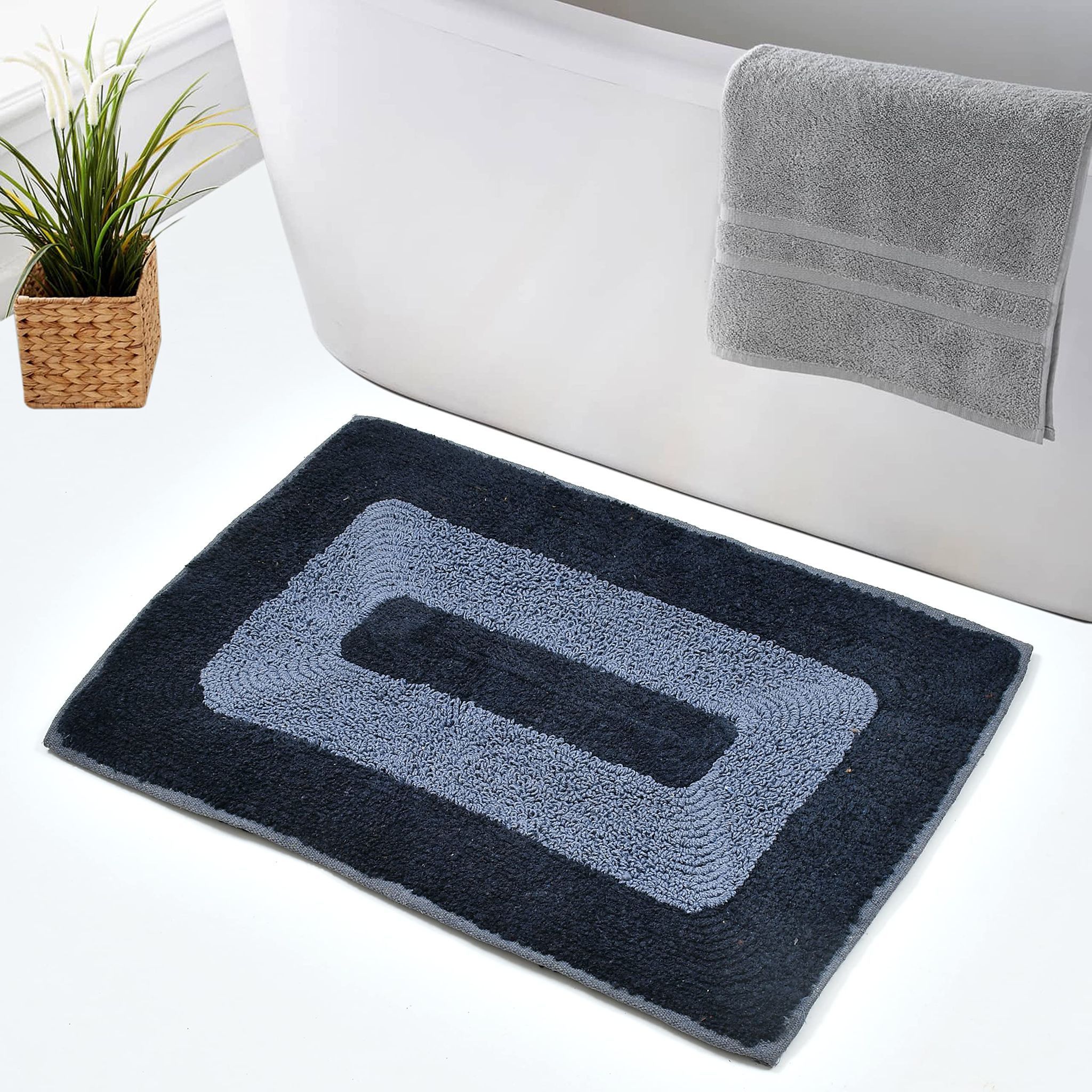 HOMECROWN Reversible Microfiber Bathmat for Home, Office, Bathroom, Bed Room, Kitchen Floor, Water Absorbent Easy Dry Modern Design Mat - 60 x 40 cm, Blue, 1 Piece